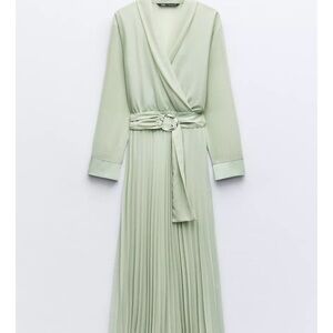 Zara Long-Sleeve Pleated Wrap Maxi Dress in Light Sage